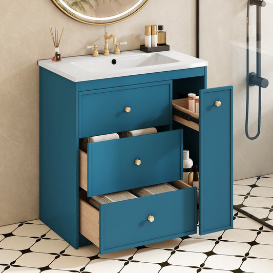 ya 28 For Home Blue 30'' Modern Bathroom Vanity with Ceramic Sink Combo,4 Drawers