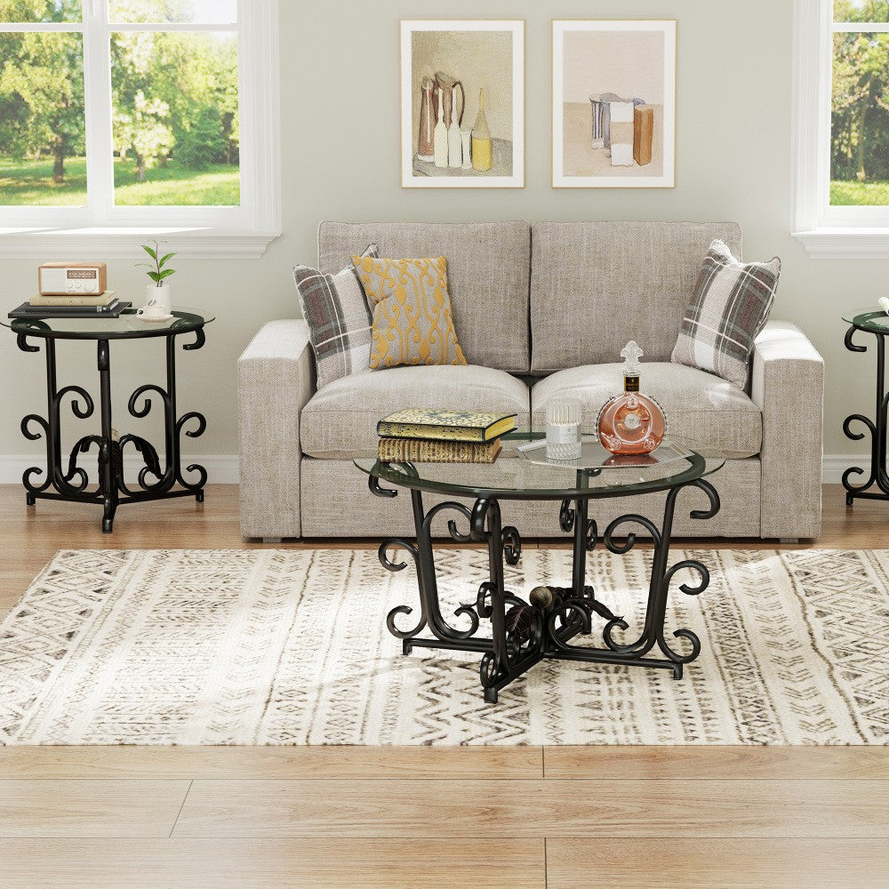 ya 28 3-Piece Black Coffee Table Set-Tempered Glass/Metal Frame,1 Coffee+2 End Tables