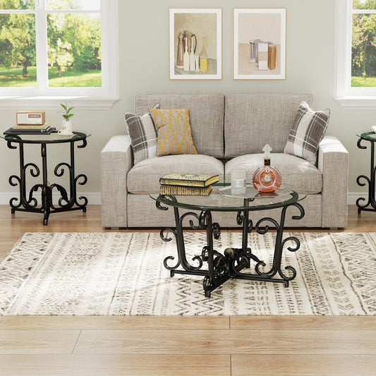 ya 28 3-Piece Black Coffee Table Set-Tempered Glass/Metal Frame,1 Coffee+2 End Tables