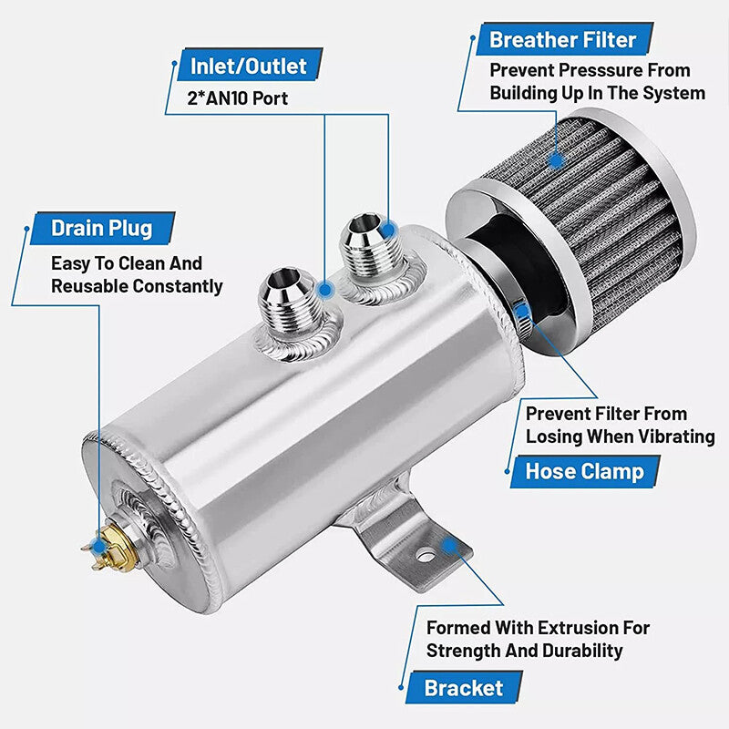 ya 1 8.5.4 10AN Aluminum Oil Tank Reservoir + Breathing Filter Confused SIilver AN10