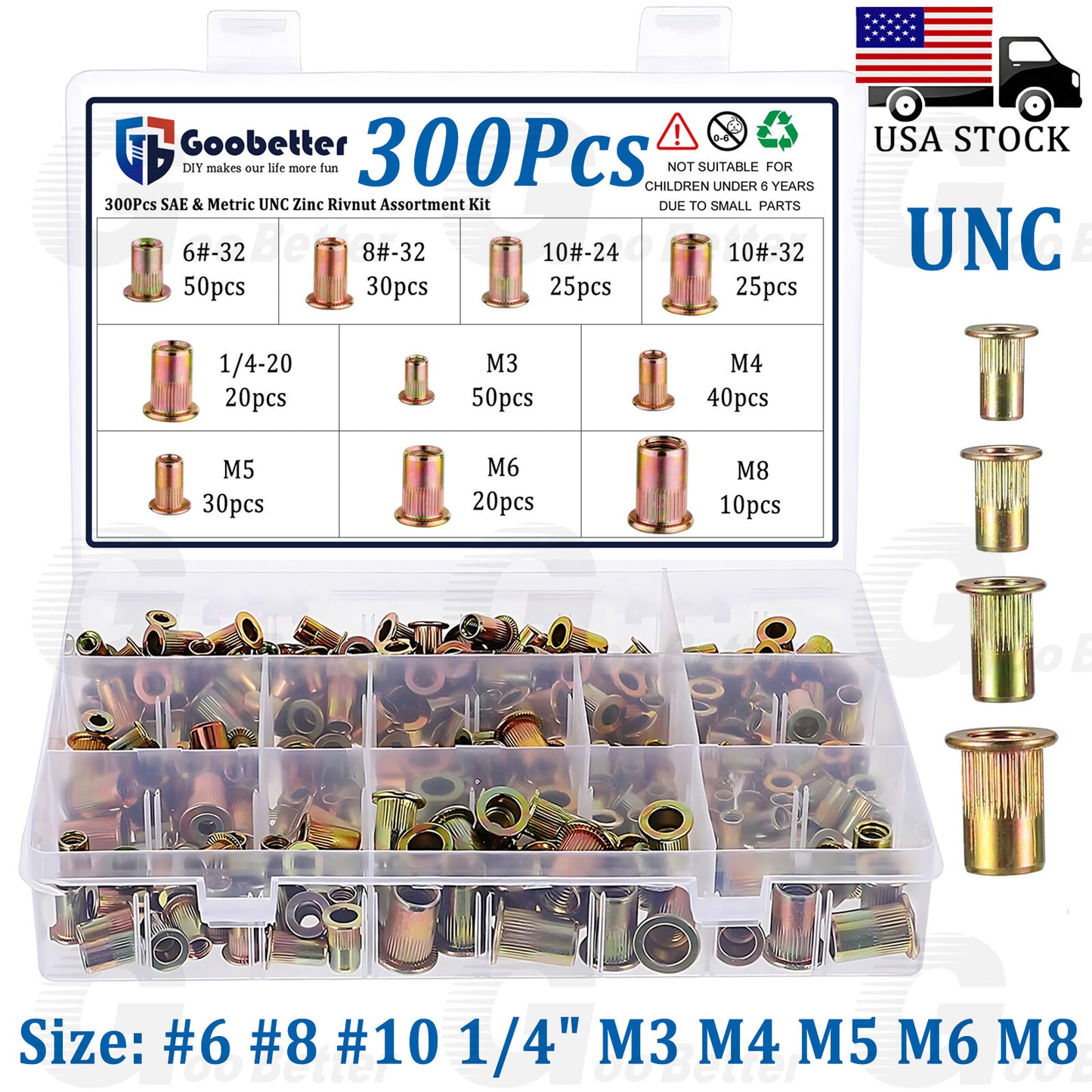 300 Pcs Zinc Steel Rivet Nut Kit Rivnut Nutsert Assort Metric M3-M8 SAE #6-1/4¡ù