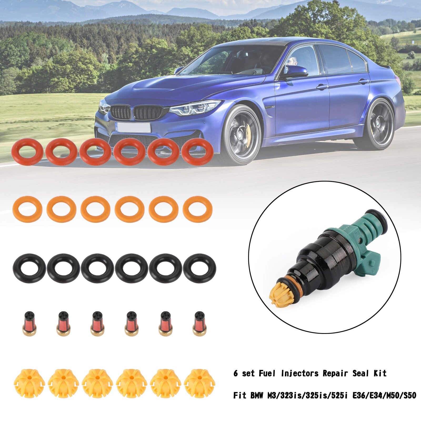 ya 1 8.5.1 6 set Fuel Injectors Repair Seal Kit for M3/323is/325is/525i E36/E34/M50/S50