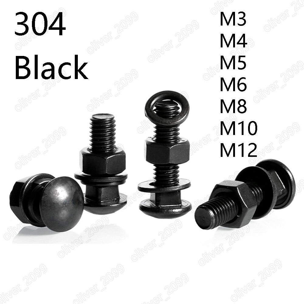 Black 304SS Cup Head Square Neck Screws With Hex nut Spring Flat Washer M3-M12