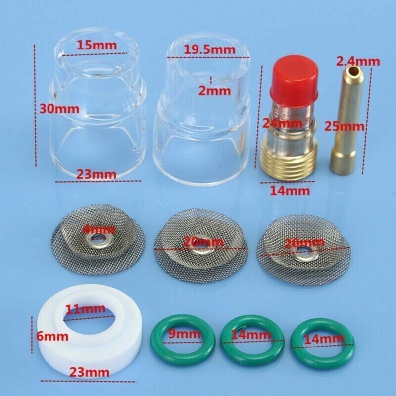 TIG Welding Torch,3/32 Gas Lens #12 Pyrex Cup 2.4mm Collet Kit For WP-17,18,26