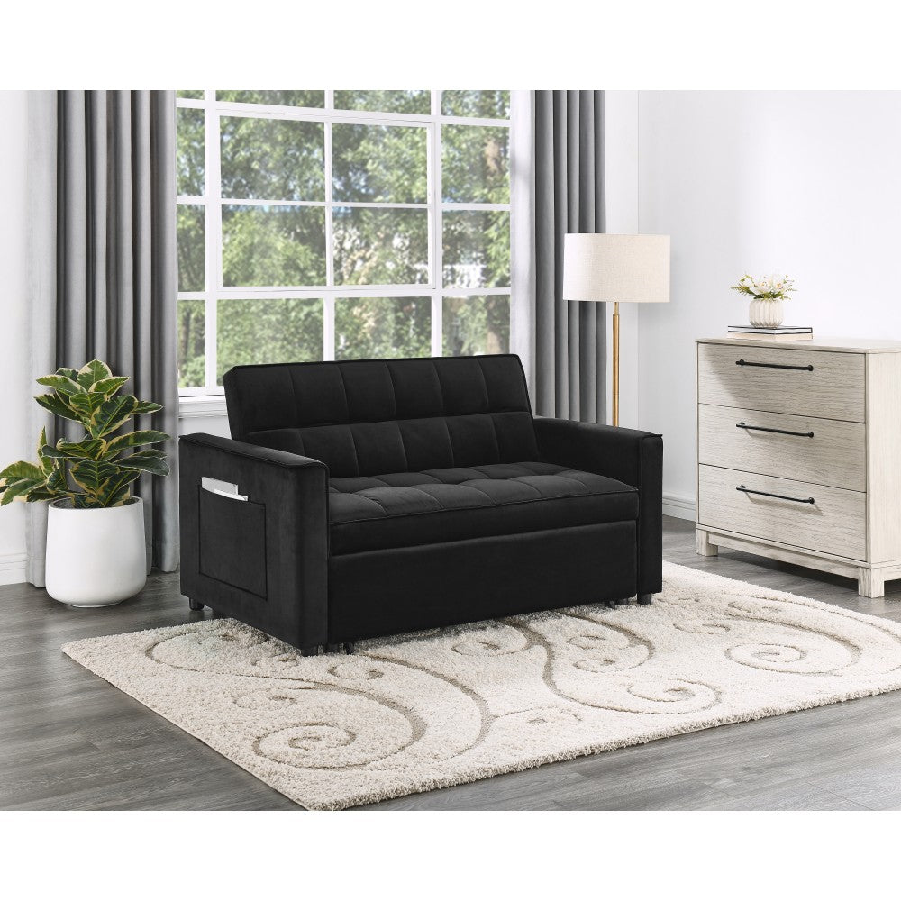 ya 28 Black 53.5W Velvet Convertible Sleeper Loveseat with Tufting and Side Pocket