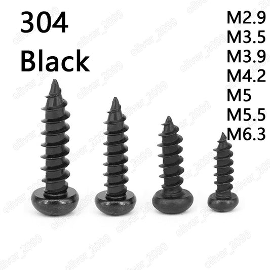 Black 304 Stainless Steel Phillips Pan Head Self Tapping Screw M2.9 M3.5 M5-M6.3