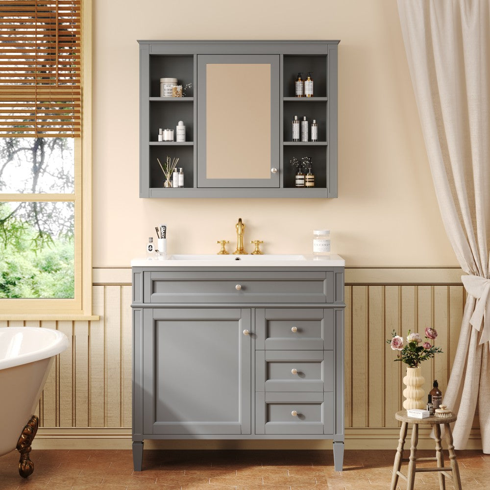 ya 28 36'' Gray Bathroom Vanity Cabinet with Top Sink and Wall Mount Mirror Cabinet
