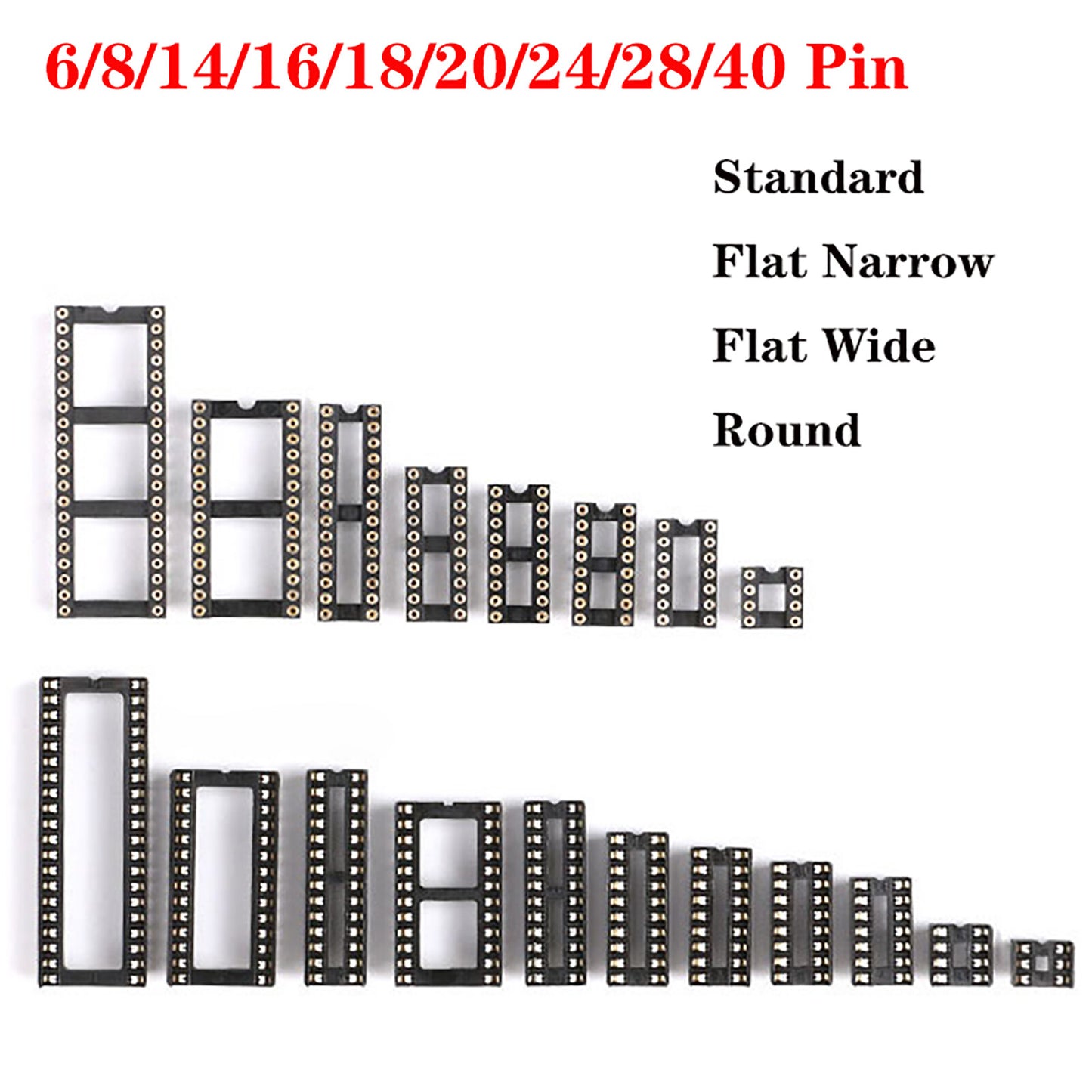 DIP/DIL IC Sockets Chip Socket Standard Low Profile Holder Round/Flat Pins