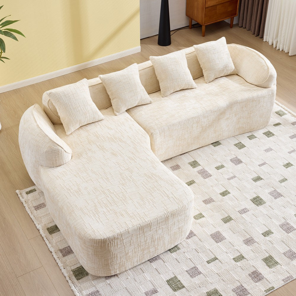 ya 28 Beige Chenille L-Shaped Sofa w/ High-Elastic Sponge, Curved Arms&4 Throw Pillows