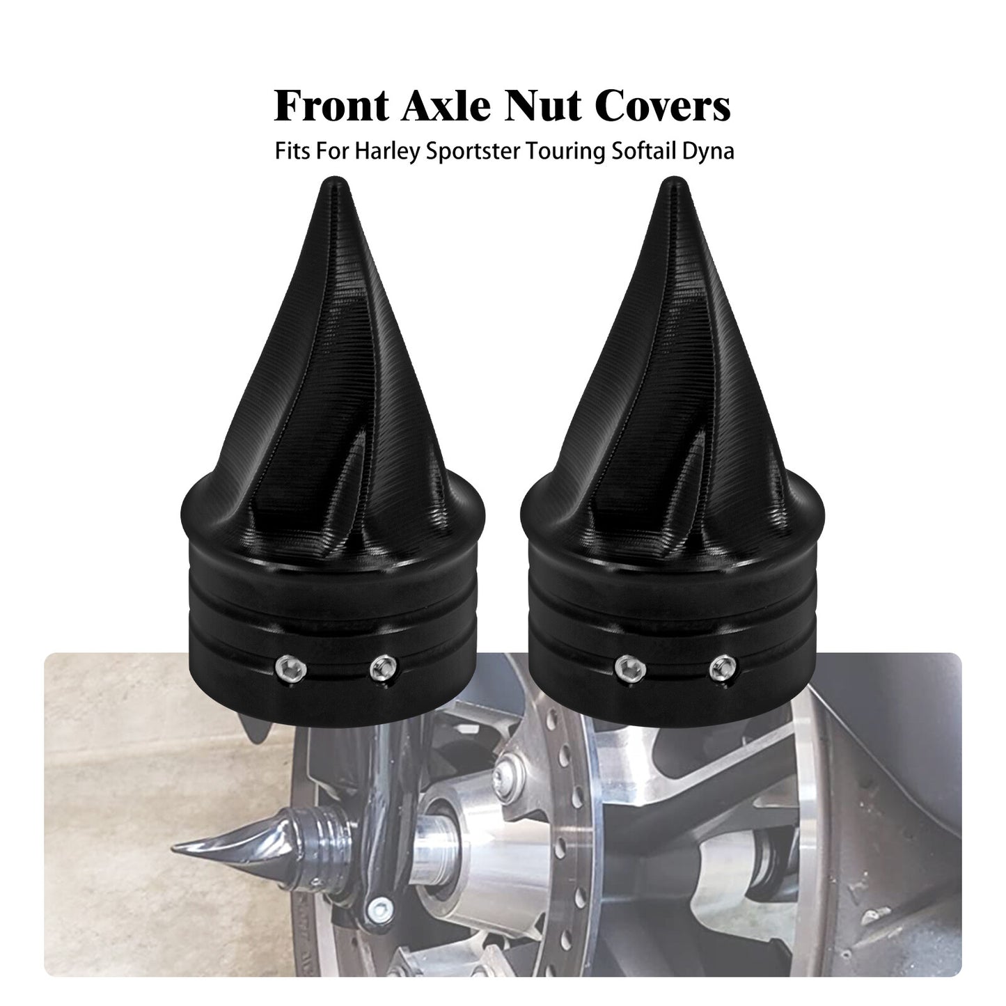 ya 5 8.7 Black Twisted Spike Front Axle Nut Covers for Harley Touring Electra Glide
