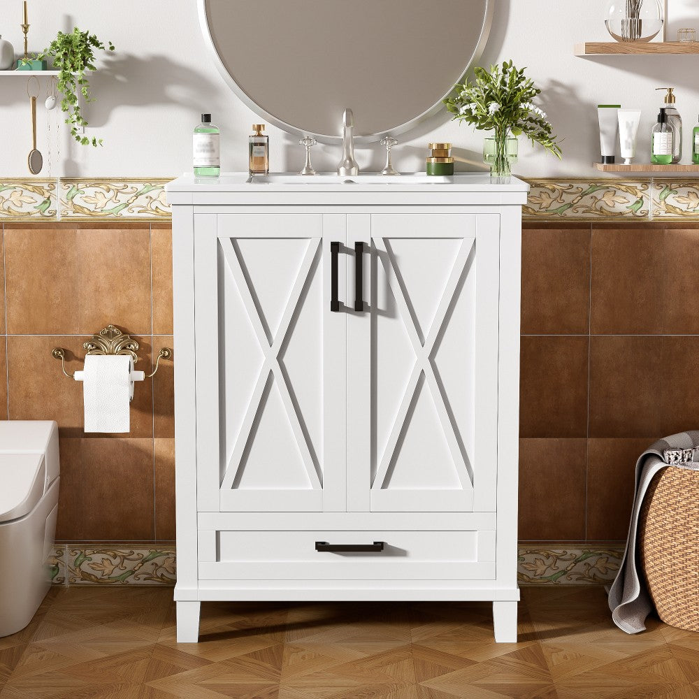 ya 28 24 Bathroom Vanity White w/Single Sink - Solid Wood+MDF, 2 Soft-Close Doors