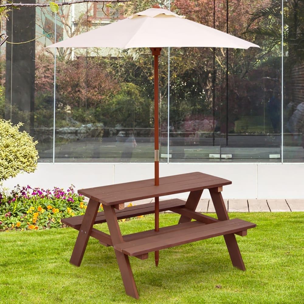 ya 28 4-Seat Kids Picnic Outdoor Table Bench Set with Removable Umbrella Brown