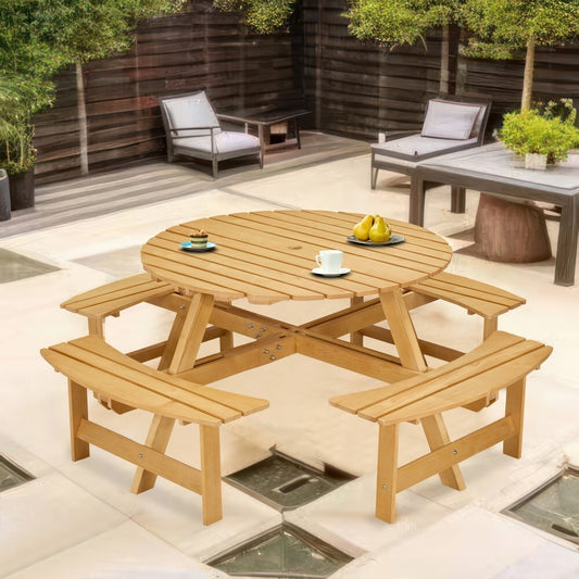 ya 28 Outdoor Round Picnic Table 4 Built-in Benches & Umbrella Hole 8-Person