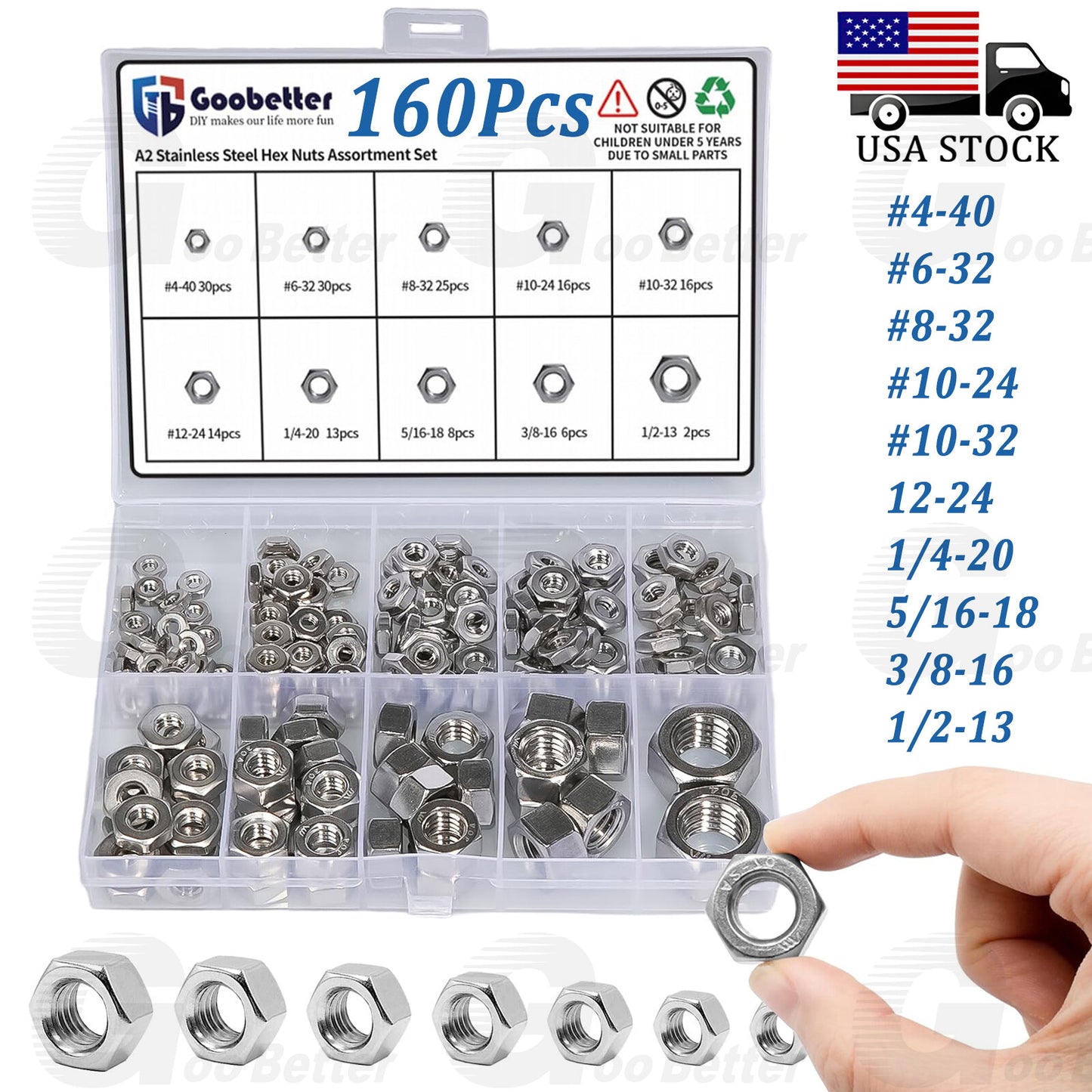 160Pcs Hex Nuts A2 Stainless Steel Assortment Kit #4 to 1/2  Assorted Hex Nuts