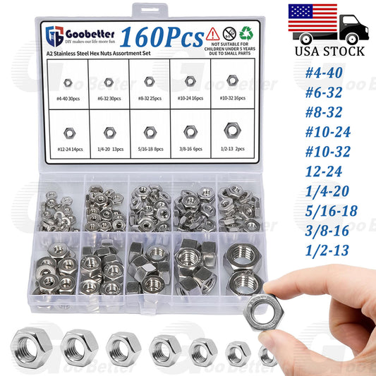 160Pcs Hex Nuts A2 Stainless Steel Assortment Kit #4 to 1/2  Assorted Hex Nuts