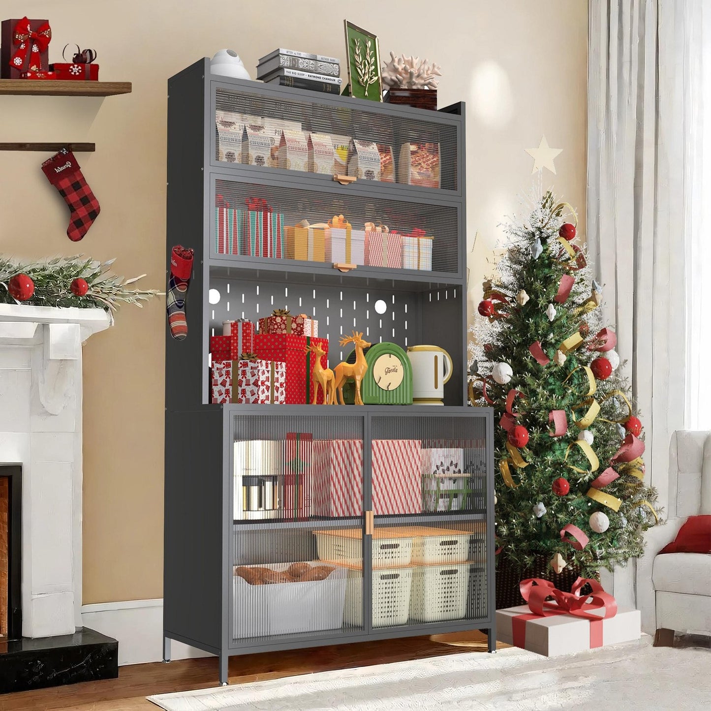 ya 28 6 Level Flip Door Gray Pantry Cabinet with A Transparent Glass Cover