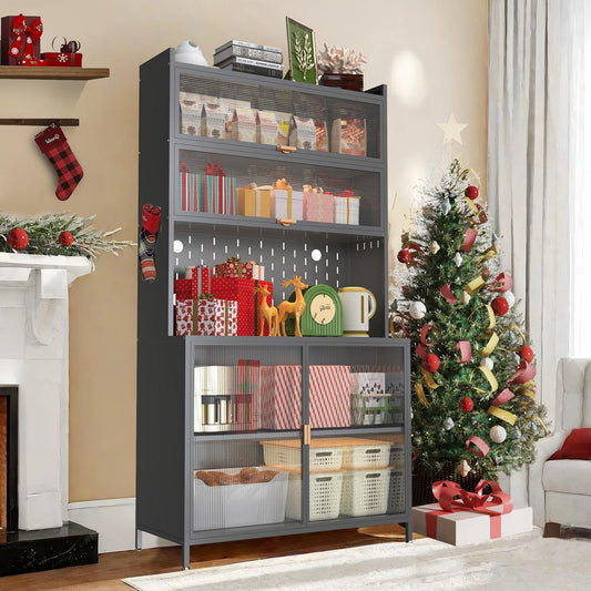 ya 28 6 Level Flip Door Gray Pantry Cabinet with A Transparent Glass Cover