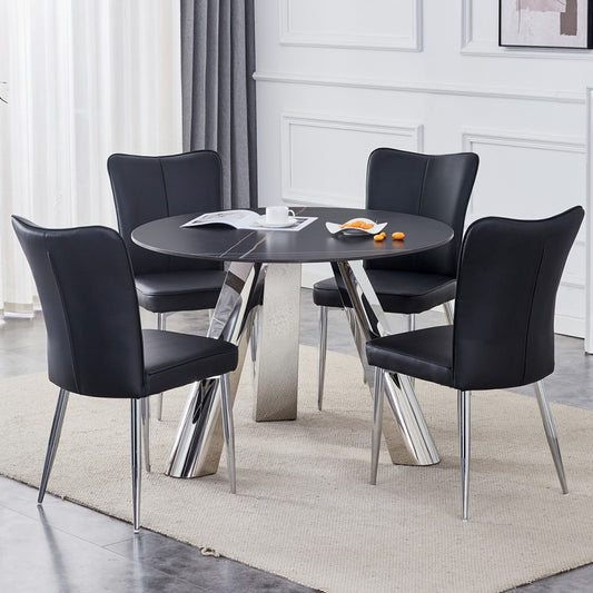 ya 28 42-inch Modern Sintered Stone Round Dining Table Set - 4 Black PU Chairs,Black
