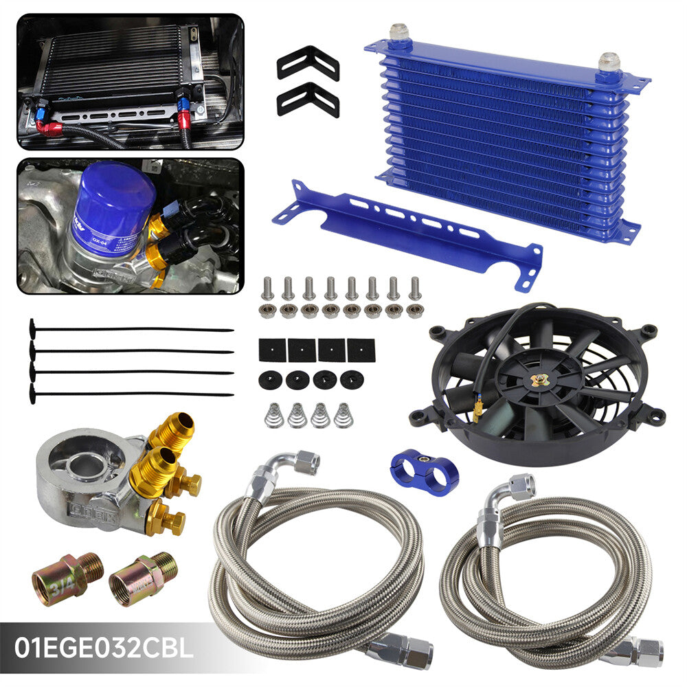 ya 5 8.7 13 Row Oil Cooler Kit w/Thermostat Oil Filter Adapter Kit+7 Electric Fan Kit BL