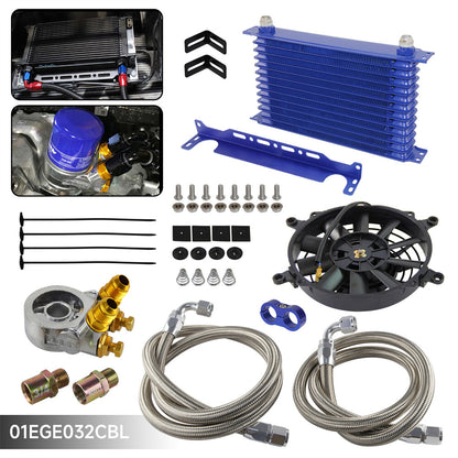 ya 5 8.7 13 Row Oil Cooler Kit w/Thermostat Oil Filter Adapter Kit+7 Electric Fan Kit BL