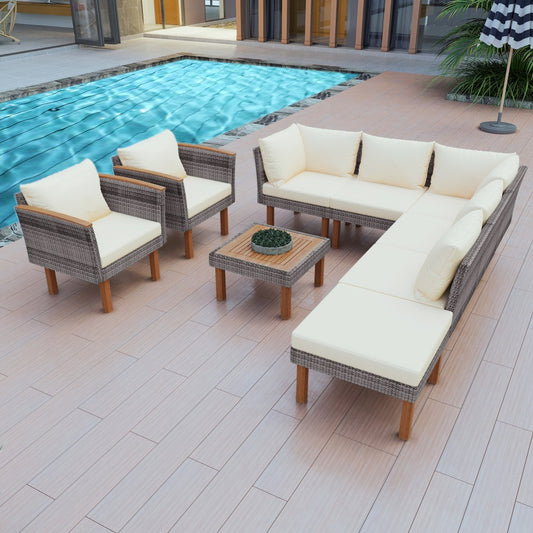 ya 28 Beige 9-Piece Patio Rattan Set ÿ PE Rattan, Coffee Table, Washable Cushions
