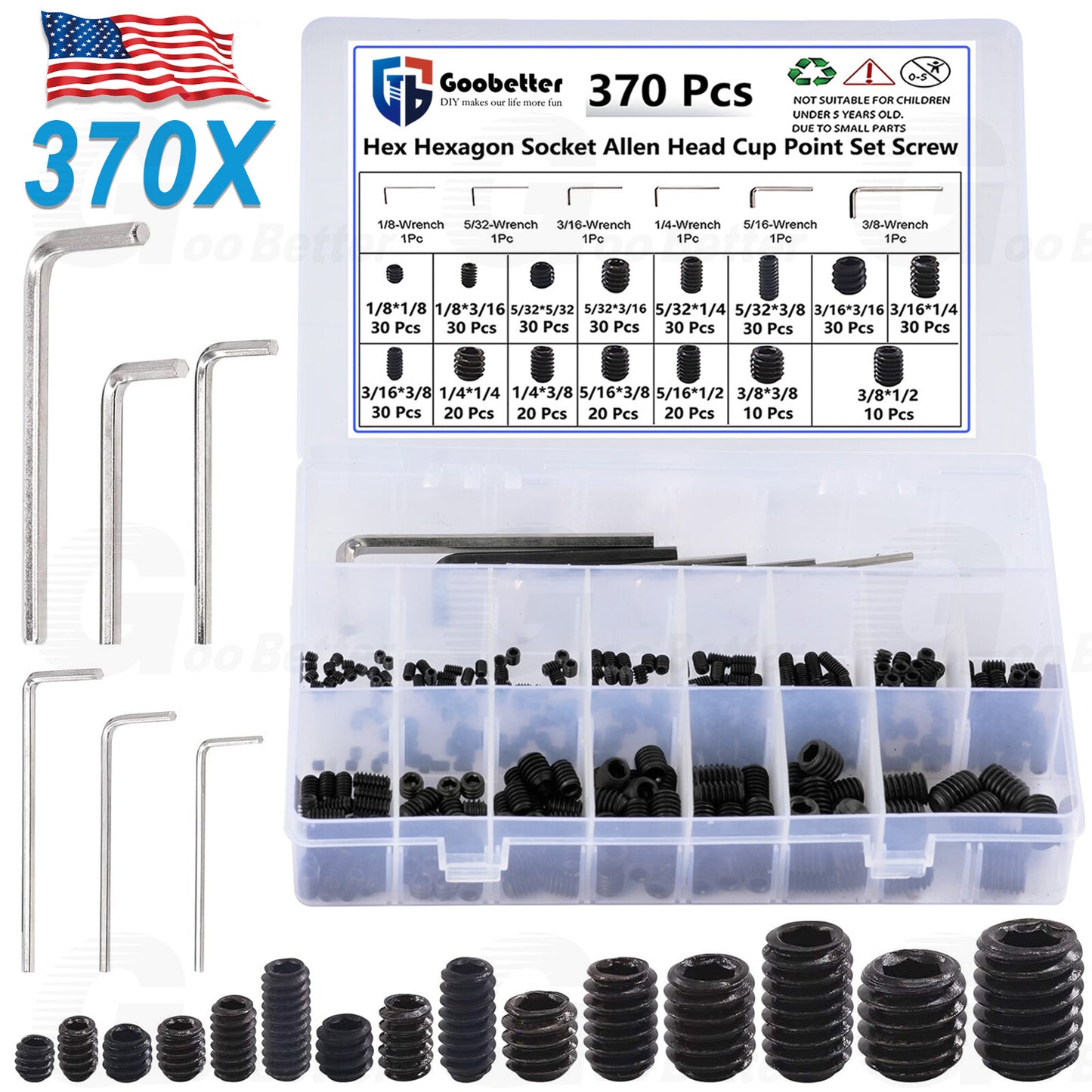 Set Screws Assortment Kit, 370Pcs Inch 15 SizesAllen Head Hex Socket Grub Screws