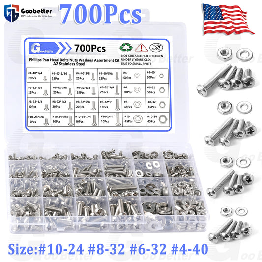 700Pcs Phillips Pan Screws Hex Nut Washer Bolts Kit Stainless Steel #4 #6 #8 #10