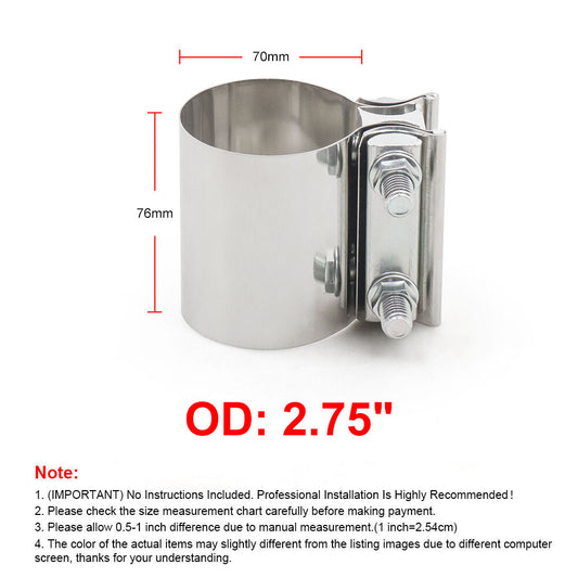 ya 1 6.30 2Pcs 2.75 T304 Stainless Steel Butt Joint Band Muffler Pipe Clamp Sleeve