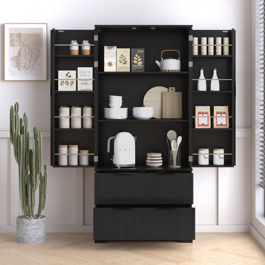 ya 28 Black 72 Fluted Kitchen Pantry Modern - 2 Large Drawers, 8-Door Spice Rack