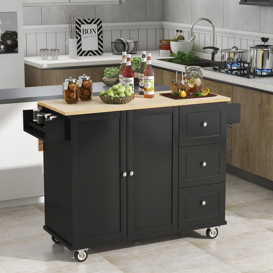 ya 28 Black 52.7 Rolling Kitchen Island ÿ Solid Wood Top, Locking Wheels, Drop Leaf