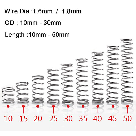 10Pcs 304 Stainless Steel Compression Springs, 1.6/1.8mm Wire, OD 10mm-30mm