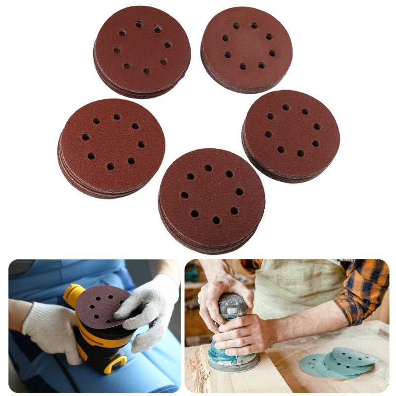 ya 14 100Pcs 5inch 8 Hole Sandpaper Adhesive Sandpaper Including 40# 60# 80# 120# 180#