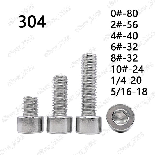 304 Stainless Steel Allen Hex Socket Bolts Cap Head Screw 0# 2# 4# 6# 8# 10# 1/4