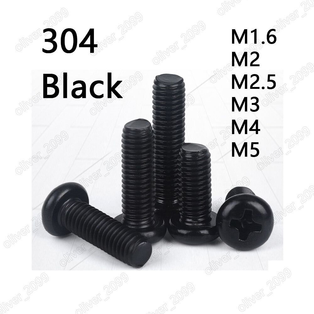 Black 304 Stainless Steel M1.6 M2 M3 M4 M5 Phillips Round Pan Head Screws Bolts