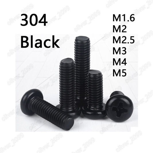 Black 304 Stainless Steel M1.6 M2 M3 M4 M5 Phillips Round Pan Head Screws Bolts