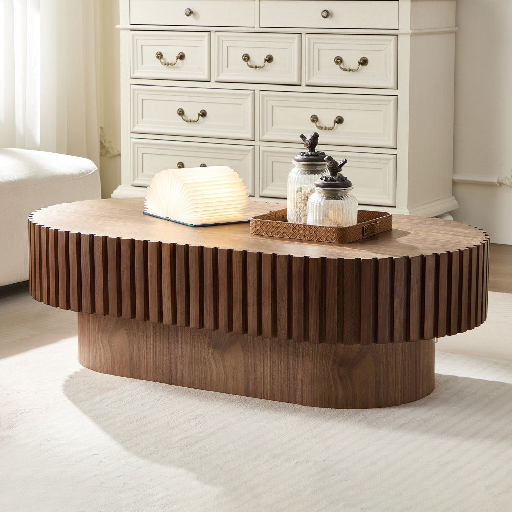 ya 28 Sturdy Pedestal Walnut Finish Modern 43.70 Drum Coffee Table Oval Shape