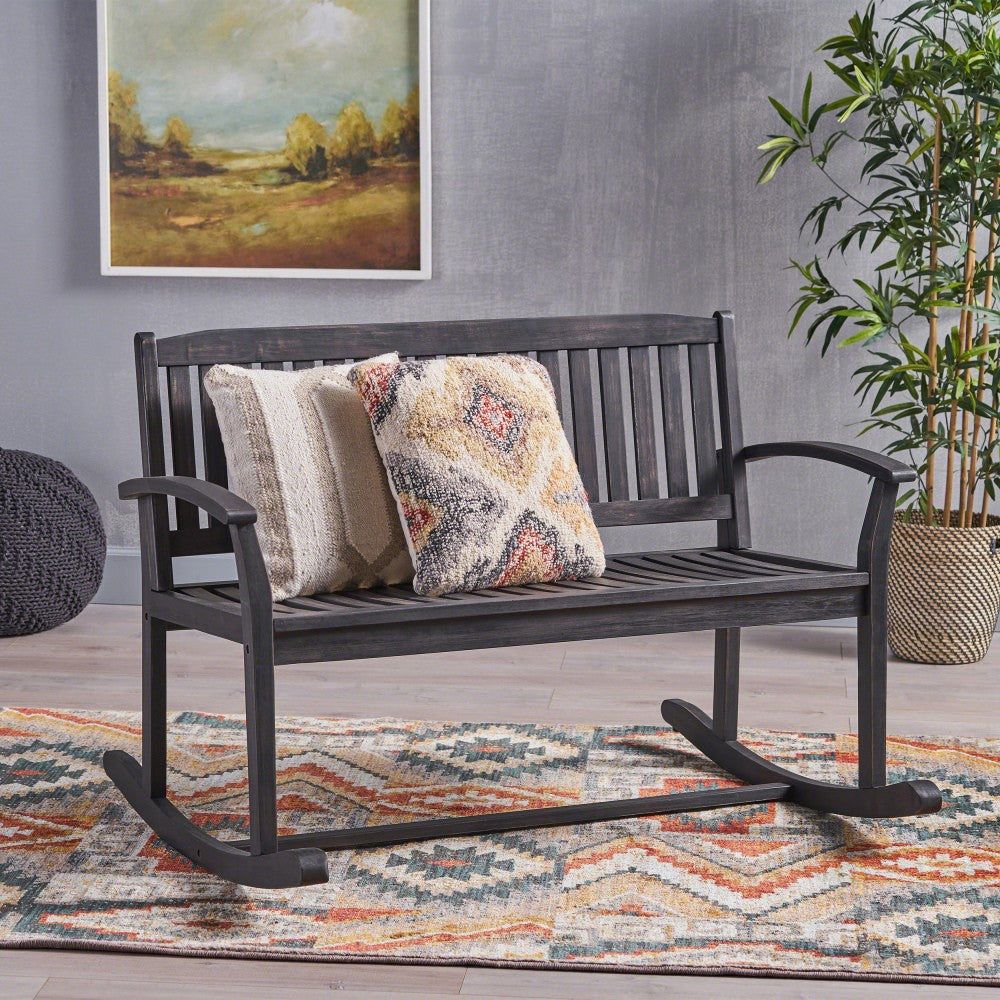 ya 28 Acacia Wood GREY Patio Rocking Loveseat (2-Person) - Armrests, Slatted Seat
