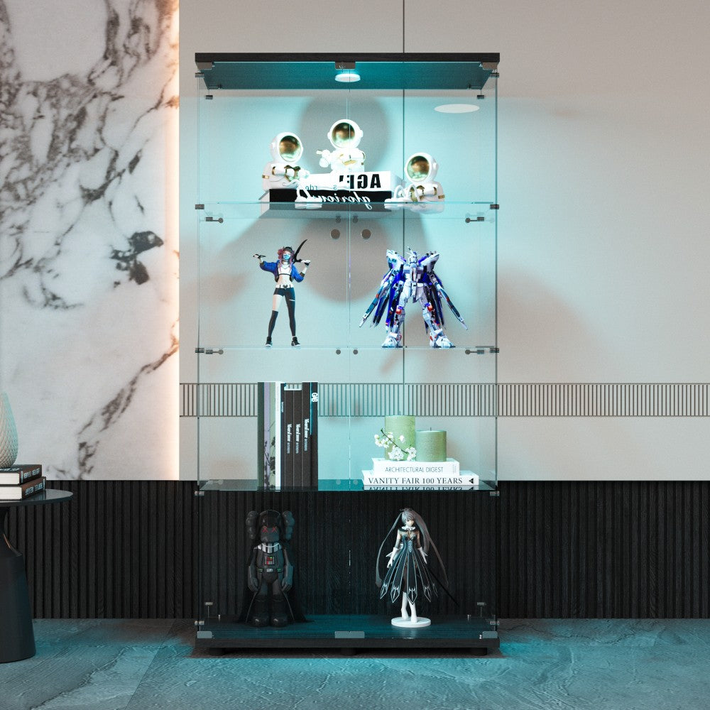 ya 28 2Door LED Glass Cabinet,4 Shelves,Freestanding Curio Bookshelf for Bedroom Black