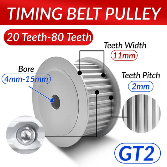 GT2 Timing Belt Pulley 20T - 80T Bore 4mm-15mm (11mm Teeth Width) For 3D Printer