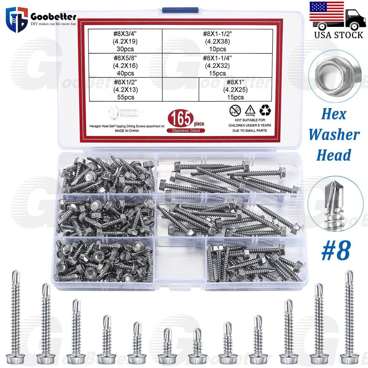 165PCS #8 Hex Washer Head Self Drilling Sheet Metal Tek Screws Stainless Steel