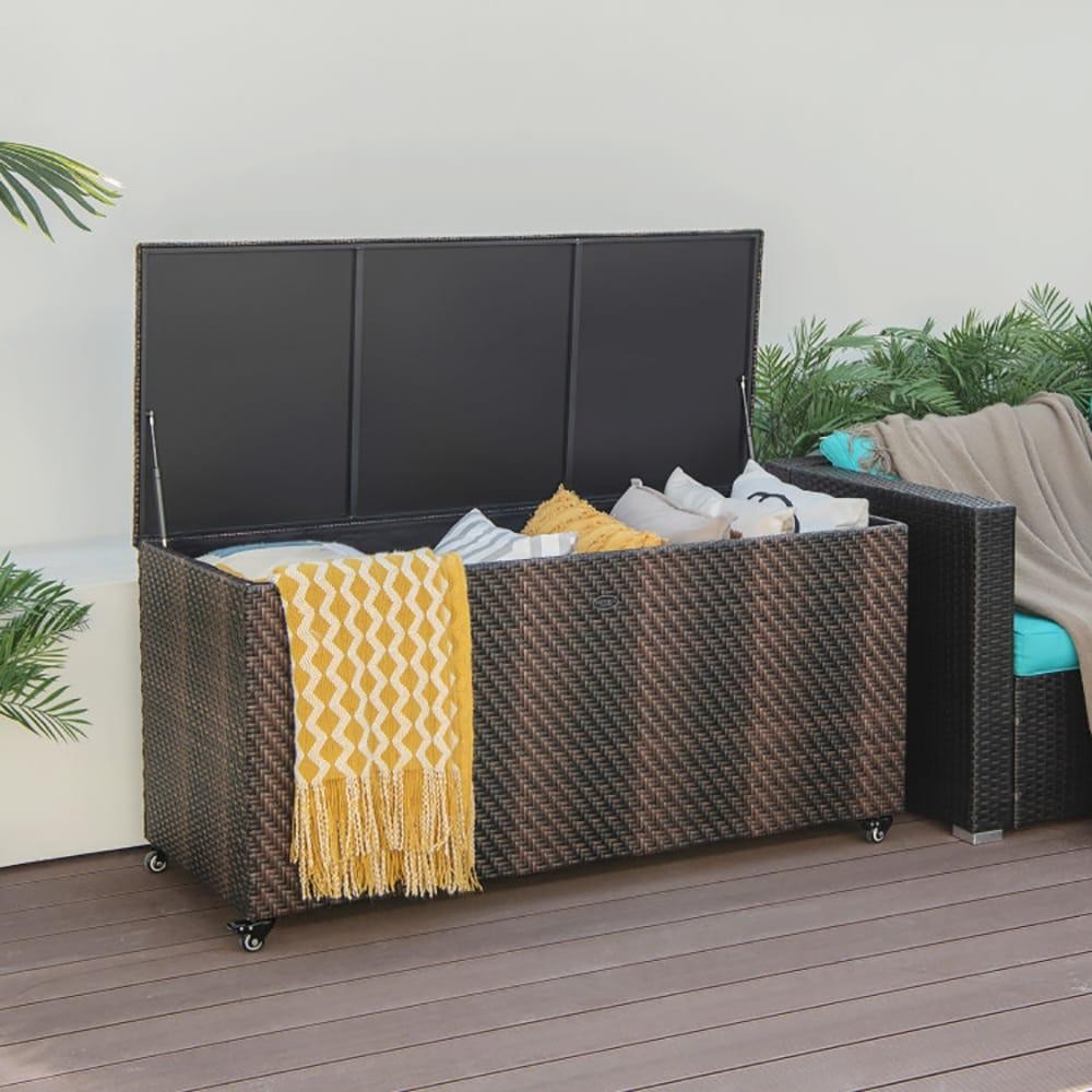 ya 28 96 Gallon PE Wicker Outdoor Storage Box with 4 Wheels brownish black
