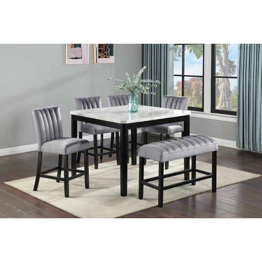ya 28 6pc Contemporary Dining Set Faux Marble Top Black Wood Upholstered Chairs/Bench
