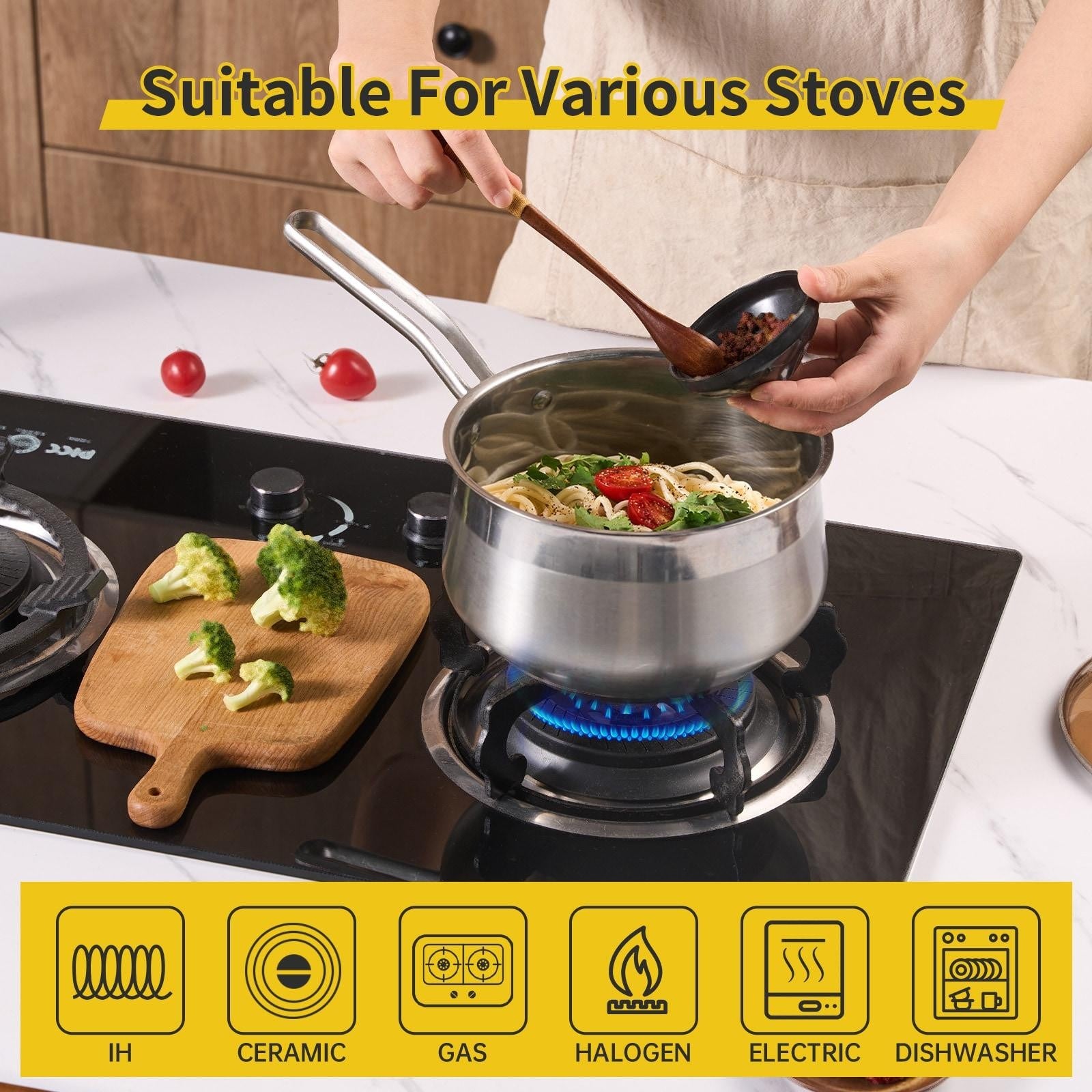ya 28 Non-Stick 2.85QT Stainless Steel Saucepan Pot W/ Lid All Stoves 