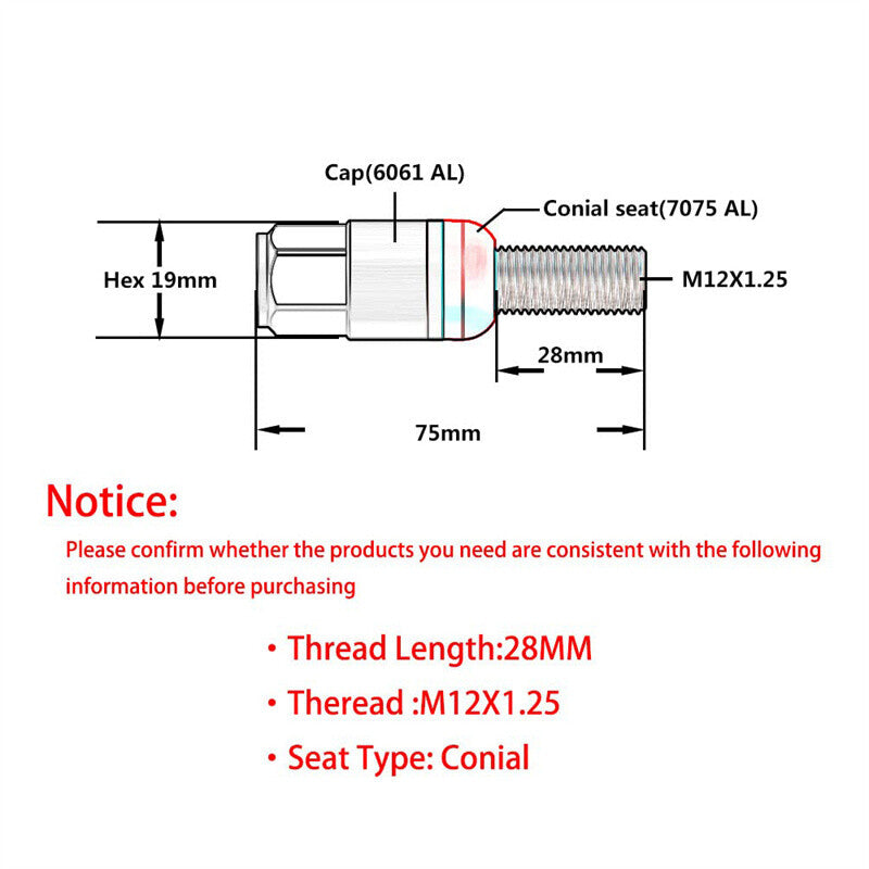 ya 8 5.27.2 M12x1.25Wheel Lug Bolts 20pc Cone for SEAT Studs 28mm Shank for Jeep for Chrysler Silver