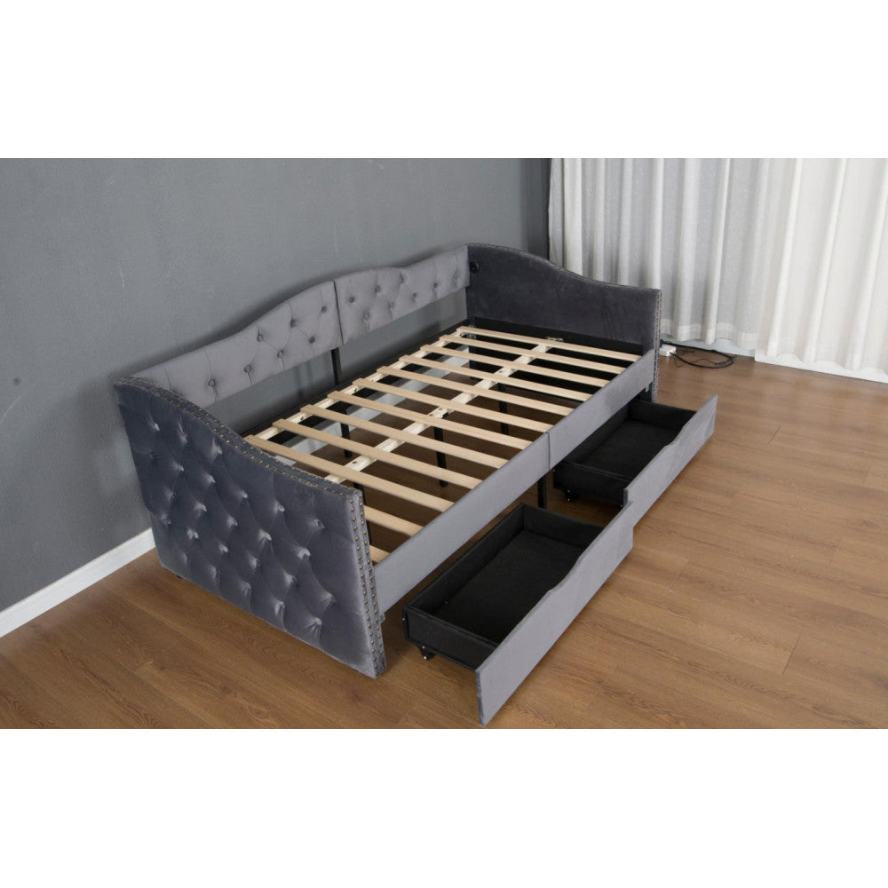 ya 28 Grey Upholstered Daybed Twin Size | with Storage Drawers No Box Spring Required