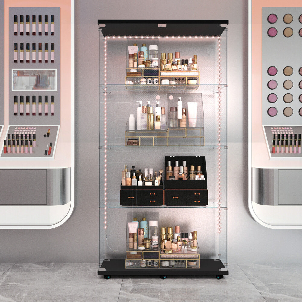ya 28 Tempered Glass Display Cabinet w/Bluetooth LED Lights, Castors, Lockable Door