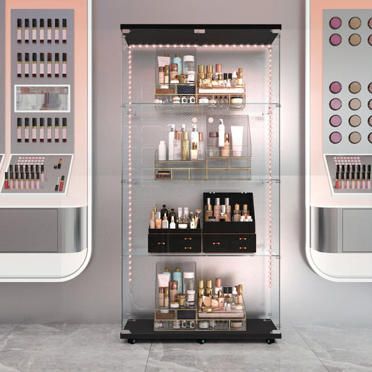 ya 28 Tempered Glass Display Cabinet w/Bluetooth LED Lights, Castors, Lockable Door