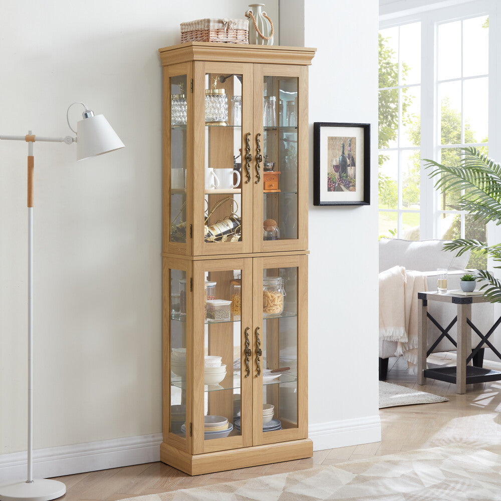 ya 28 Lighted Glass Curio Cabinet  Light Oak Wood Frame, Display/Wine Storage