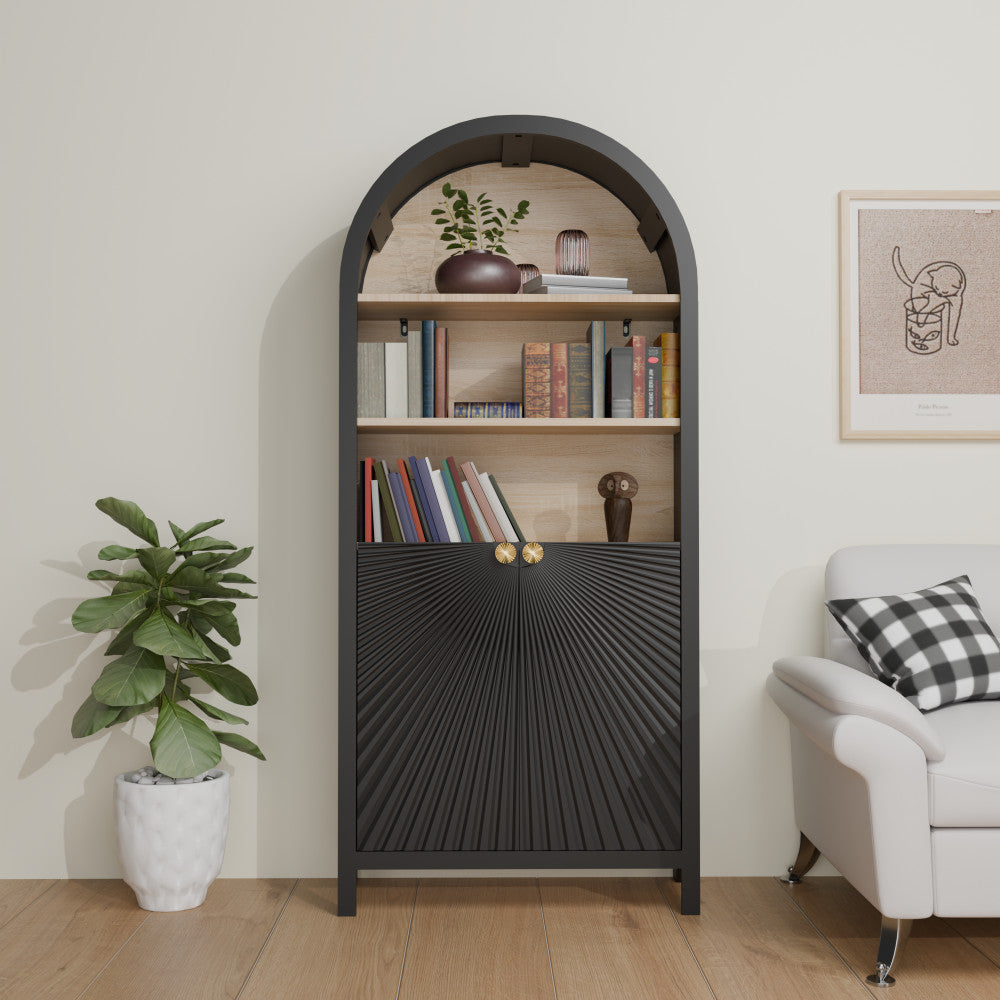 ya 28 61 Tall Arched Black Cabinet -Mid-Century Modern 5-Tier Bookcase,Storage w/Door
