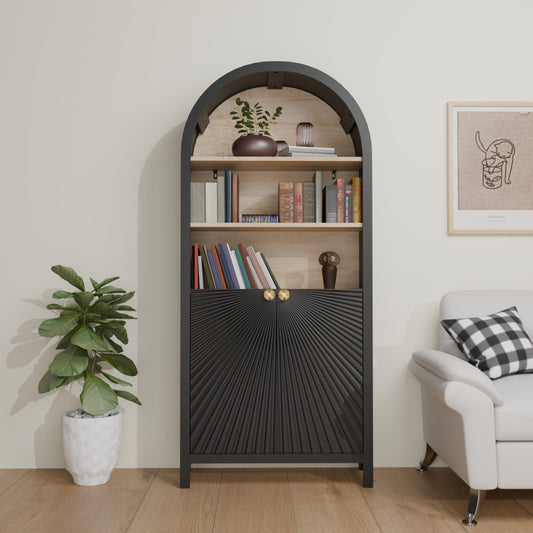 ya 28 61 Tall Arched Black Cabinet -Mid-Century Modern 5-Tier Bookcase,Storage w/Door